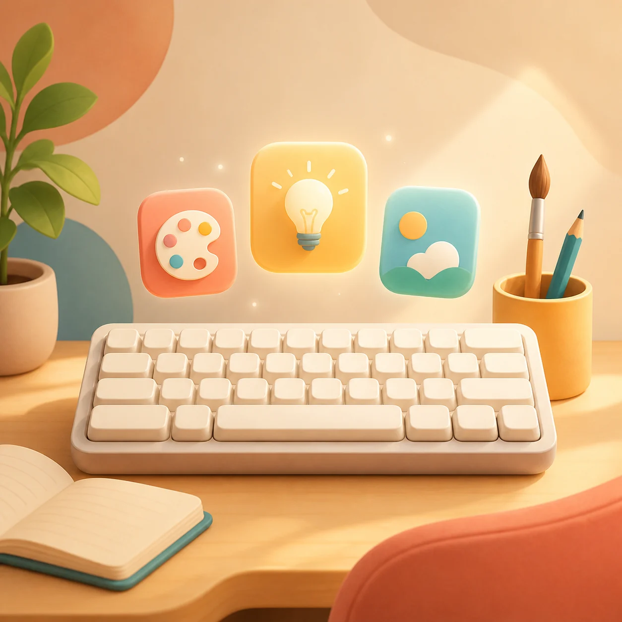 A friendly creative desk with a keyboard, notebook, and playful application tiles.