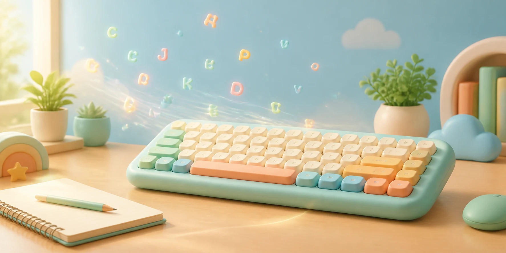 A colorful keyboard on a calm creative desk ready for typing practice.