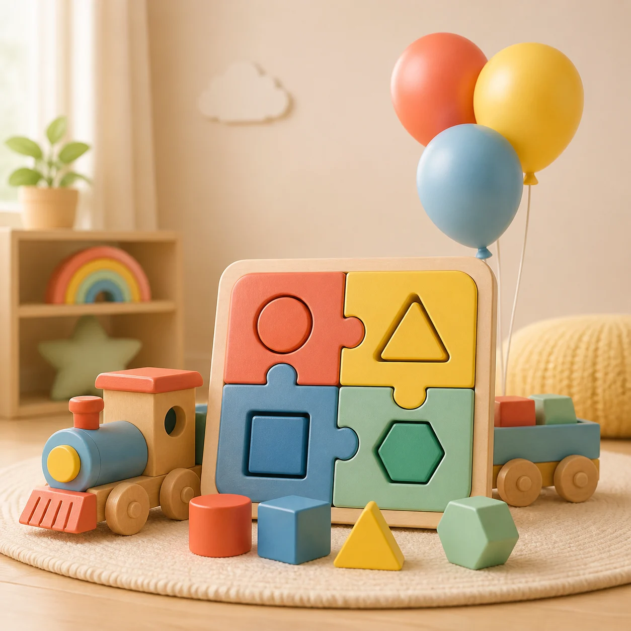 Colorful toys, puzzles, balloons, and a small train in a cheerful playroom.
