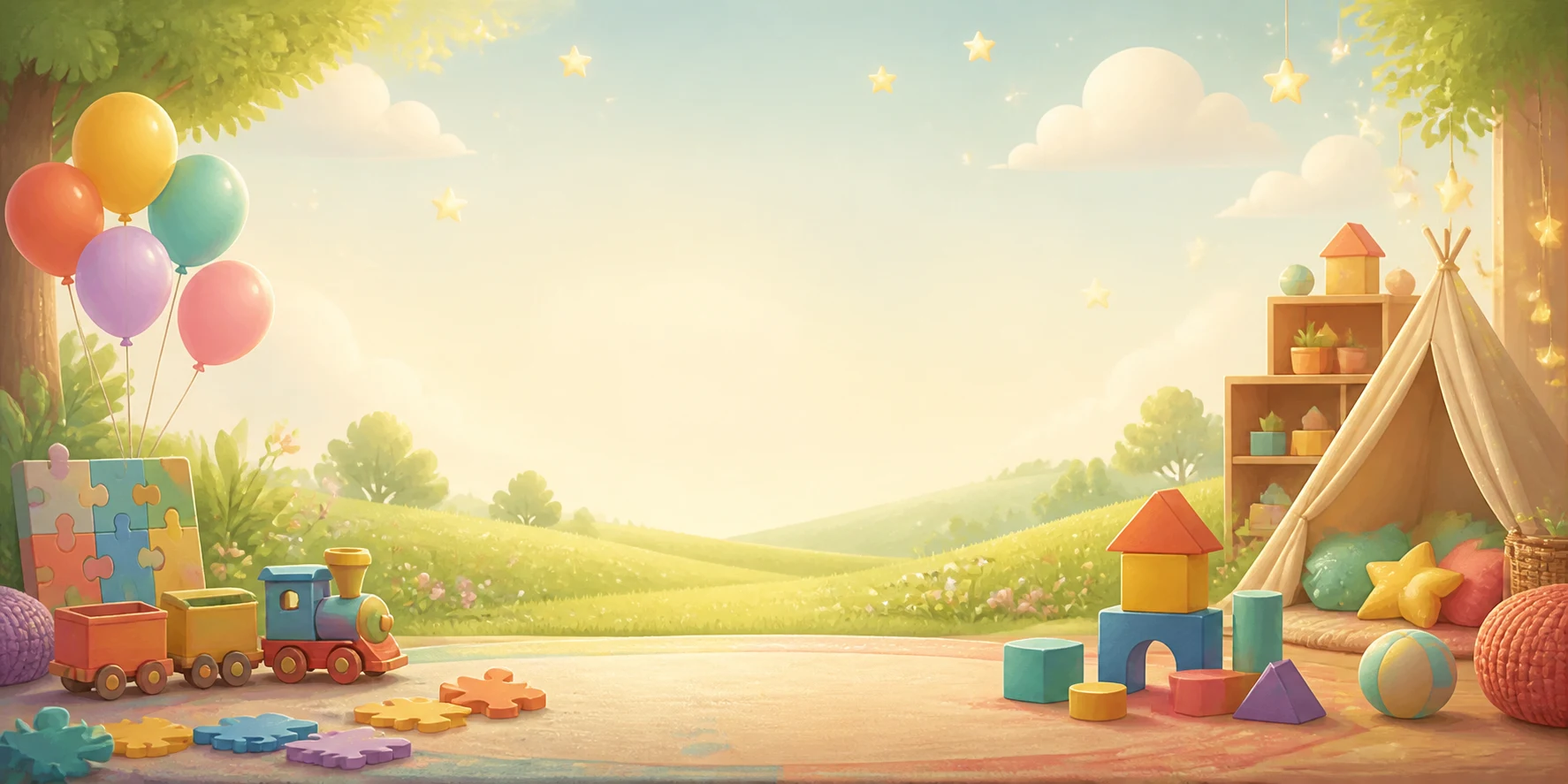 A bright playful world with toys, balloons, puzzles, and stars.
