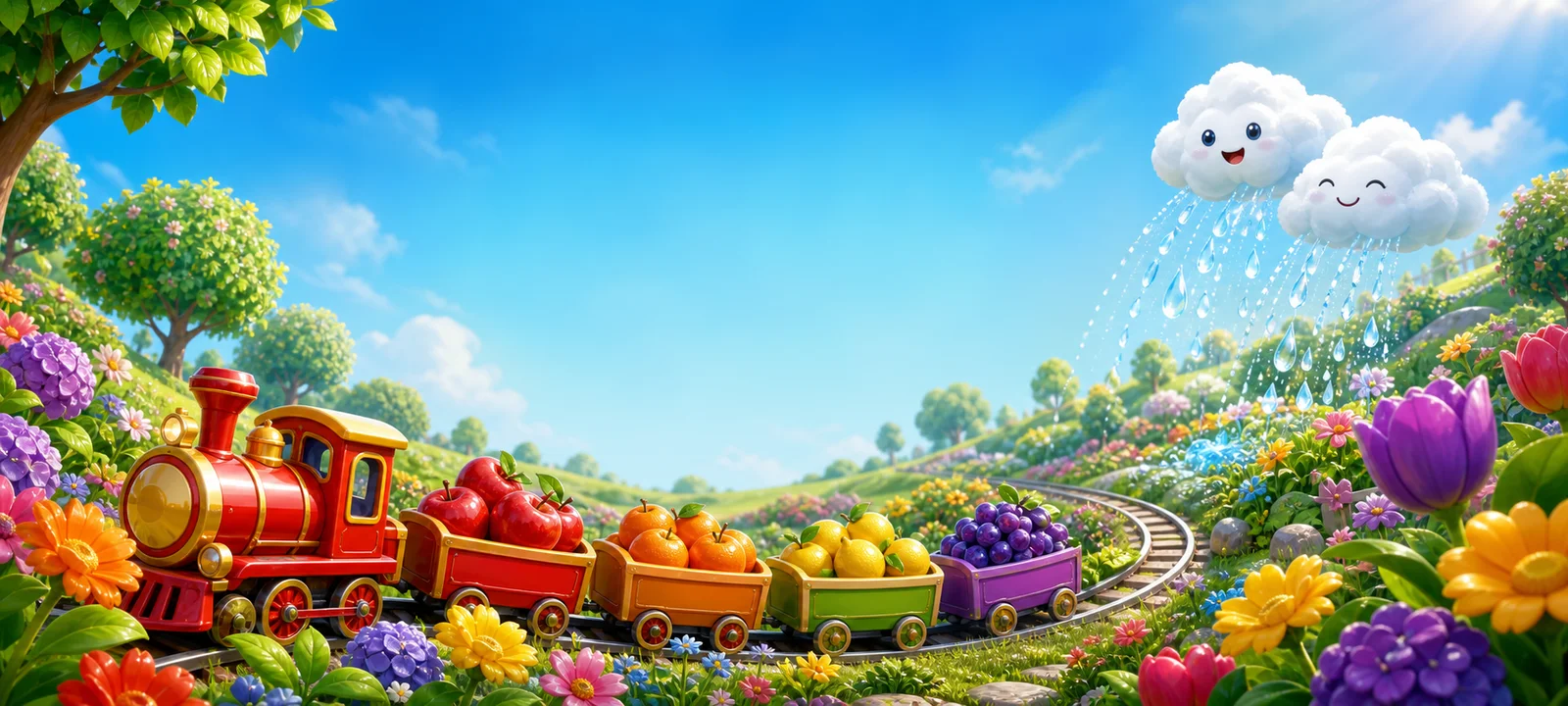 A bright fruit train traveling through a blooming garden