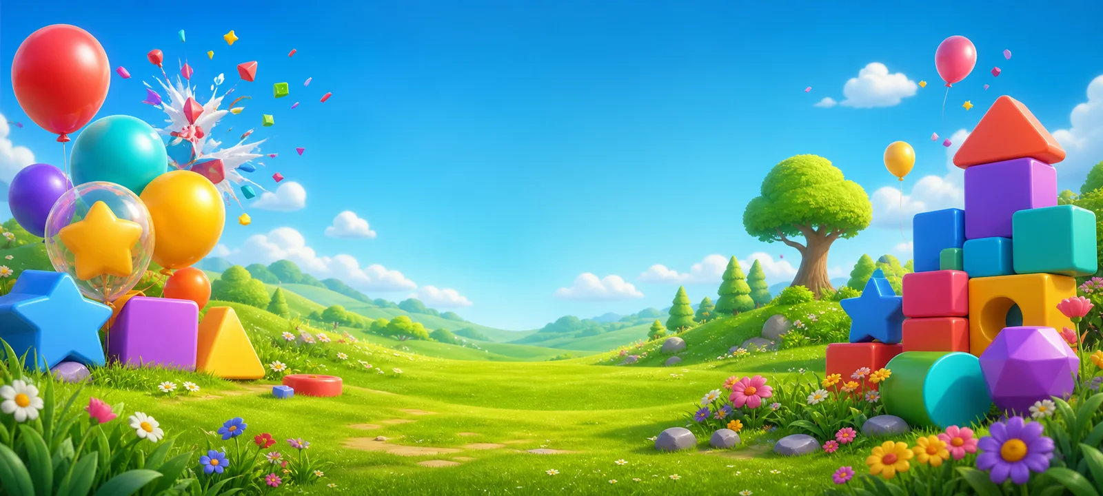 Colorful balloons and toy shapes in a sunny meadow