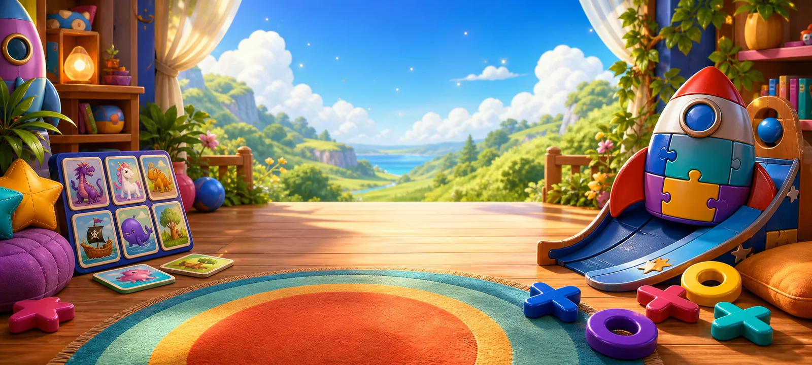 A sunny playroom with memory cards, a rocket puzzle, and game pieces