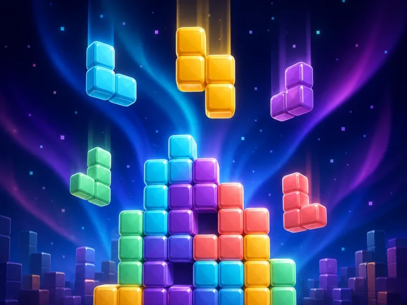 Glowing Blockfall puzzle pieces stacking in an indigo arcade sky