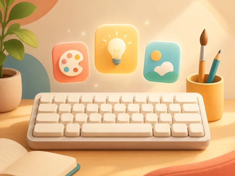 A friendly creative desk with a keyboard, notebook, and playful application tiles.